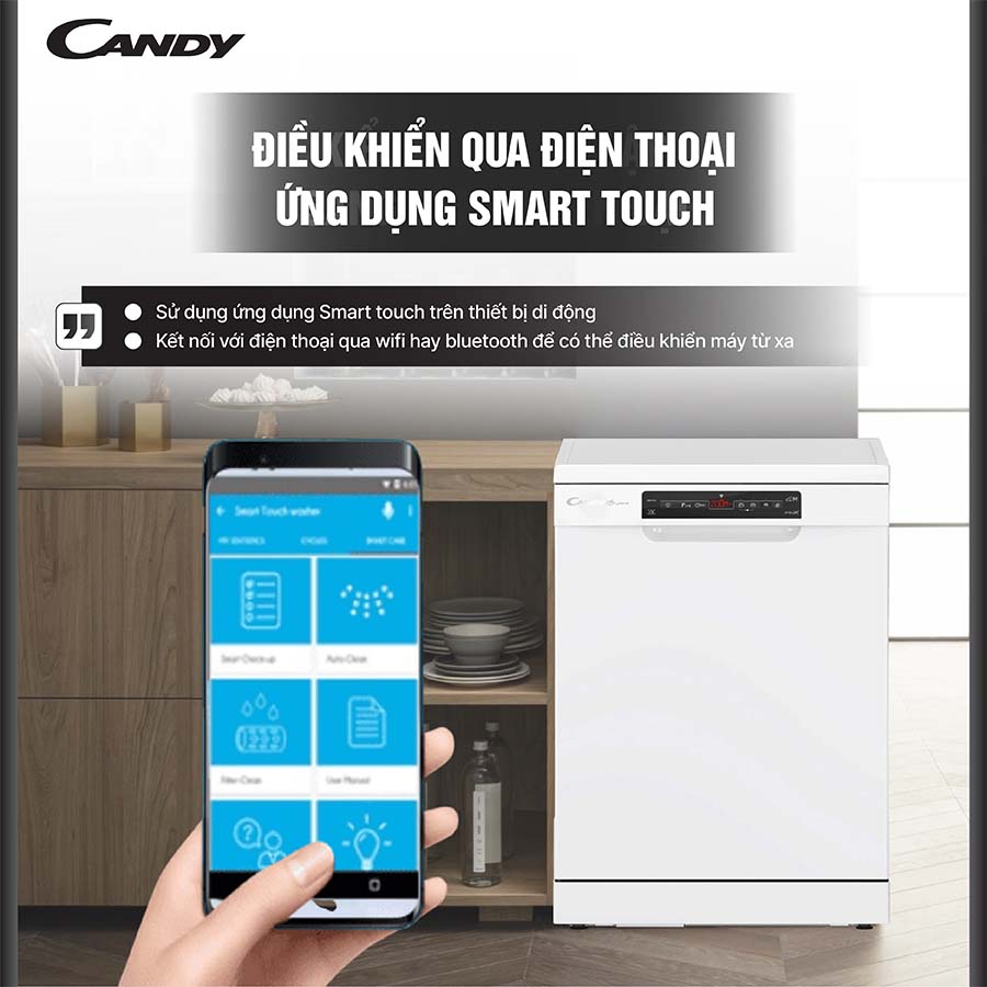 Bạn có thể điều khiển máy rửa chén từ xa thông qua kết nối Wifi-Bluetooth thông minh