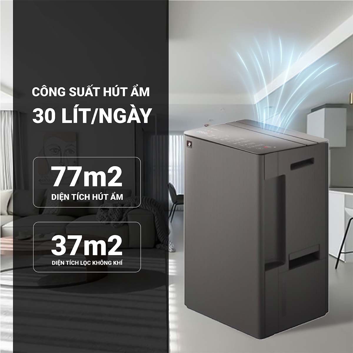 Sharp DW-T30FV-H có công suất hút ẩm mạnh mẽ 30L/ngày