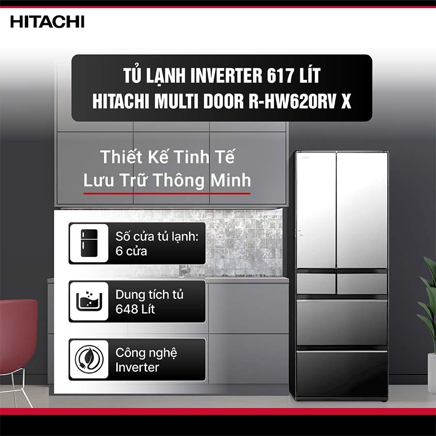 Tủ lạnh Hitachi Inverter 617 lít Multi Door R-HW620RV X