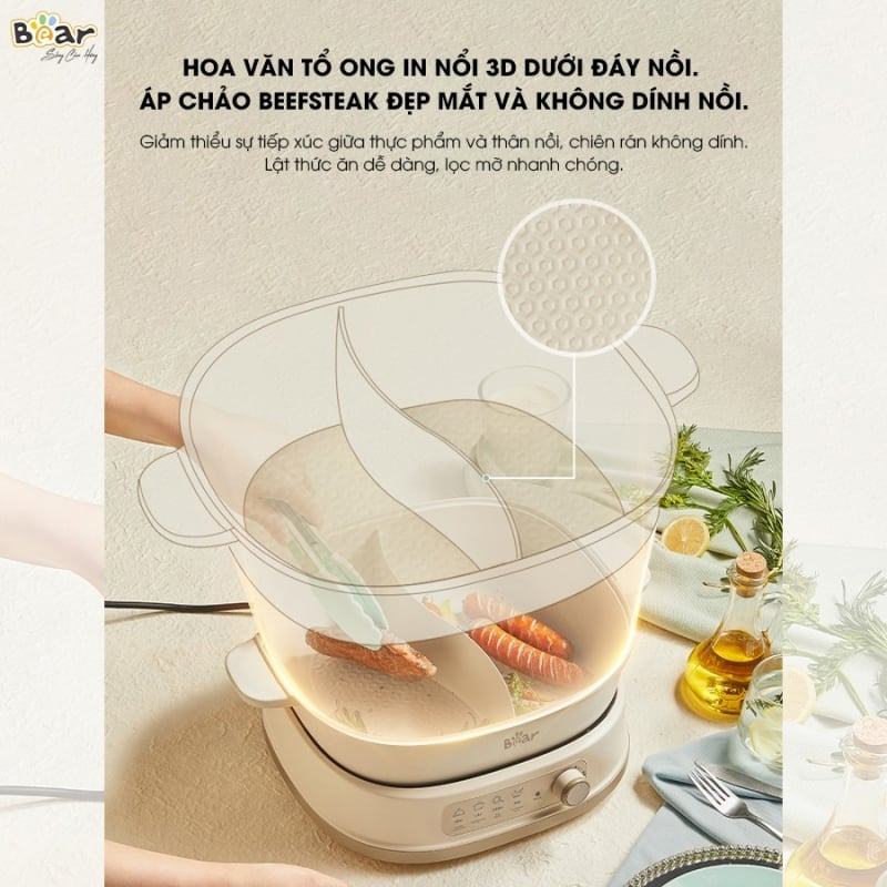 noi lau bear 2 ngan 6l SB NL60U04 Nồi lẩu Bear 2 ngăn 6L SB-NL60U có lớp chống dính, hạn chế cháy khét khi sử dụng chiên, rán